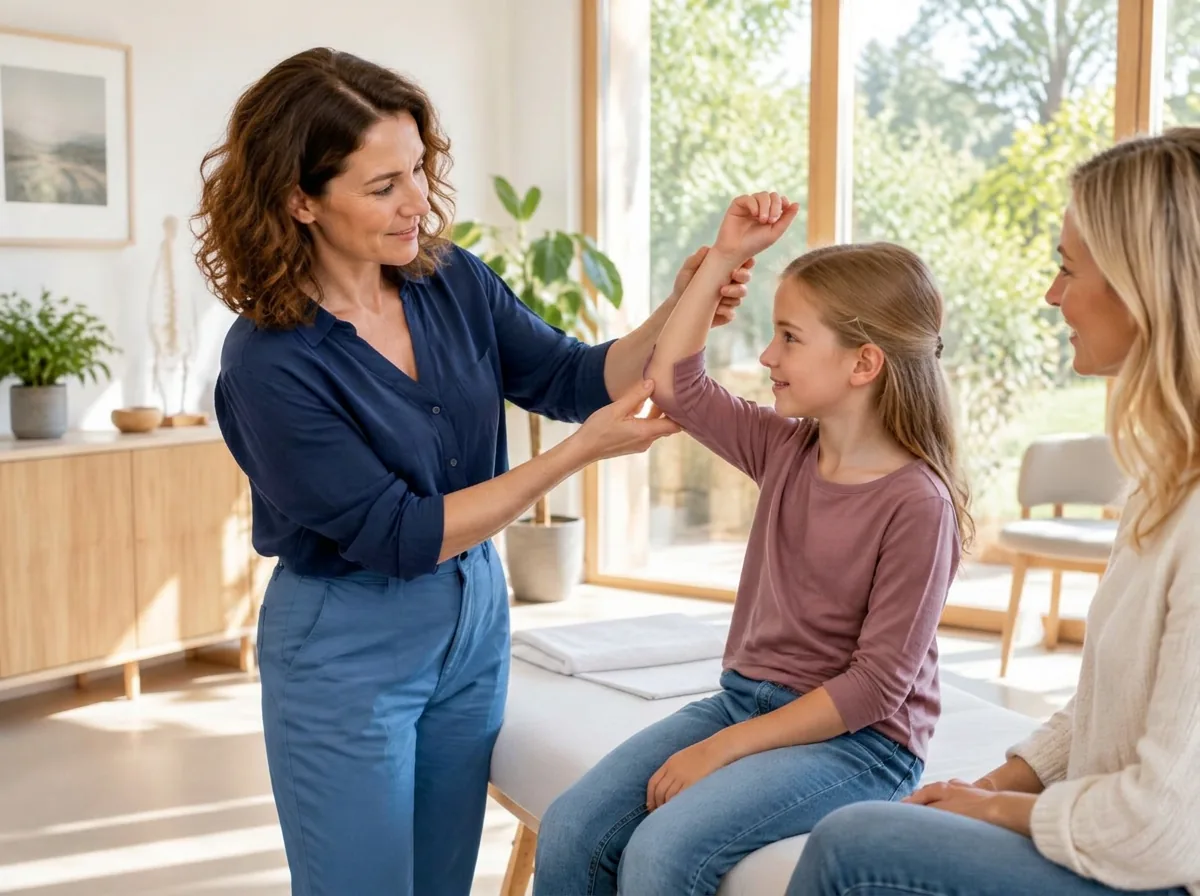 Osteopathin untersucht behutsam die Beweglichkeit eines Kindes