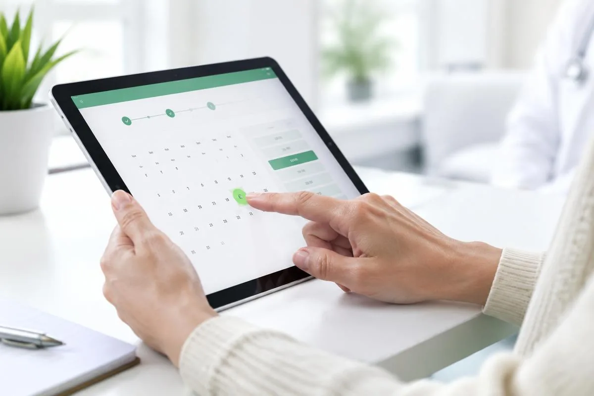 Patientin wählt einen freien Termin im digitalen Kalender