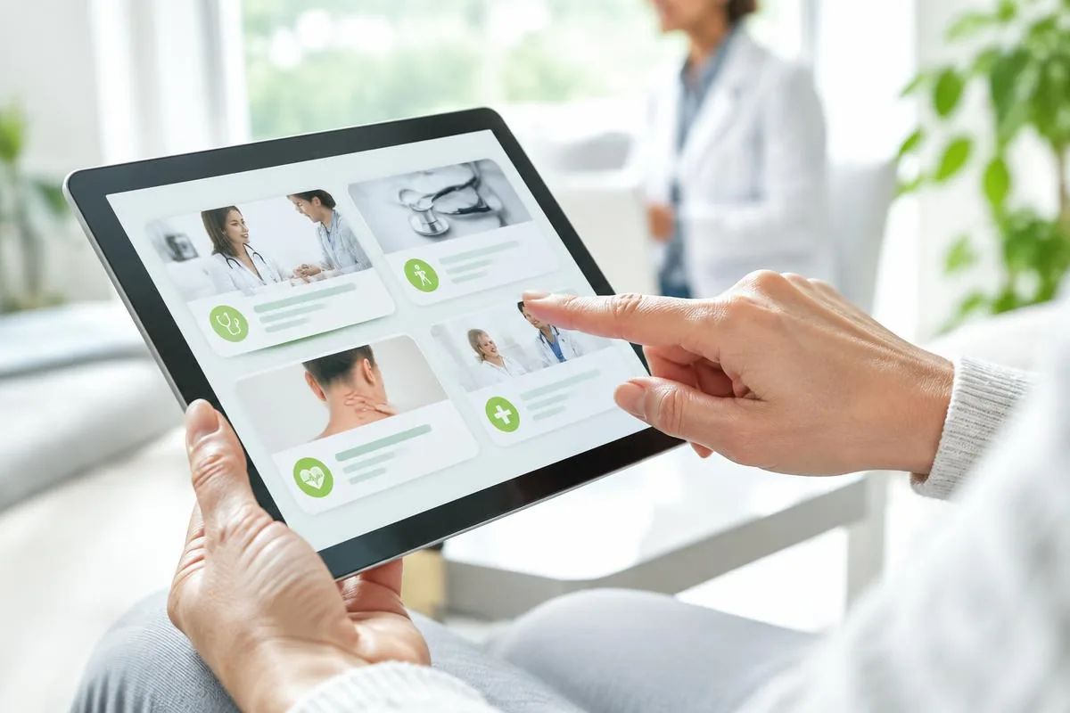 Patientin wählt ihr medizinisches Anliegen am Tablet aus